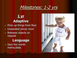 Milestones: 1-2 yrs
1 yr
Adaptive
 Picks up things from floor
 Unassisted pincer movt
 Releases objects on
request
Language
 Says few words-
mama,dada.
 