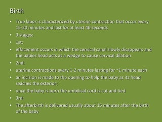 Birth True labor is characterized by uterine contraction that occur every 15-20 minutes and last for at least 40 seconds 3 stages: 1st:  effacement occurs in which the cervical canal slowly disappears and the babies head acts as a wedge to cause cervical dilation 2nd:  uterine contractions every 1-2 minutes lasting for ~1 minute each an incision is made to the opening to help the baby as its head reaches the exterior; once the baby is born the umbilical cord is cut and tied 3rd:  The afterbirth is delivered usually about 15 minutes after the birth of the baby 