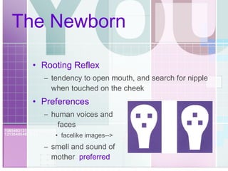 The Newborn Rooting Reflex tendency to open mouth, and search for nipple when touched on the cheek Preferences human voices and  faces facelike images--> smell and sound of  mother  preferred   