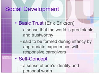 Social Development Basic Trust  (Erik Erikson) a sense that the world is predictable and trustworthy said to be formed during infancy by appropriate experiences with responsive caregivers Self-Concept a sense of one’s identity and personal worth 
