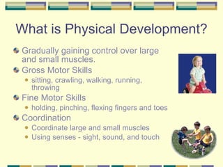 What is Physical Development? Gradually gaining control over large and small muscles. Gross Motor Skills  sitting, crawling, walking, running, throwing Fine Motor Skills  holding, pinching, flexing fingers and toes Coordination Coordinate large and small muscles Using senses - sight, sound, and touch 