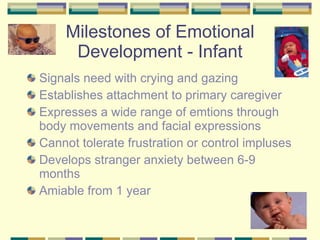 Milestones of Emotional Development - Infant Signals need with crying and gazing Establishes attachment to primary caregiver Expresses a wide range of emtions through body movements and facial expressions Cannot tolerate frustration or control impluses Develops stranger anxiety between 6-9 months Amiable from 1 year 
