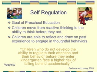 Self Regulation Goal of Preschool Education Children move from reactive thinking to the ability to think before they act. Children are able to reflect and draw on past experience to engage in thoughtful behaviors. Bodrova and Leong, 2005 Vygotsky “ Children who do not develop the ability to regulate their attention and their behavior before they enter kindergarten face a higher risk of falling behind academically.” 