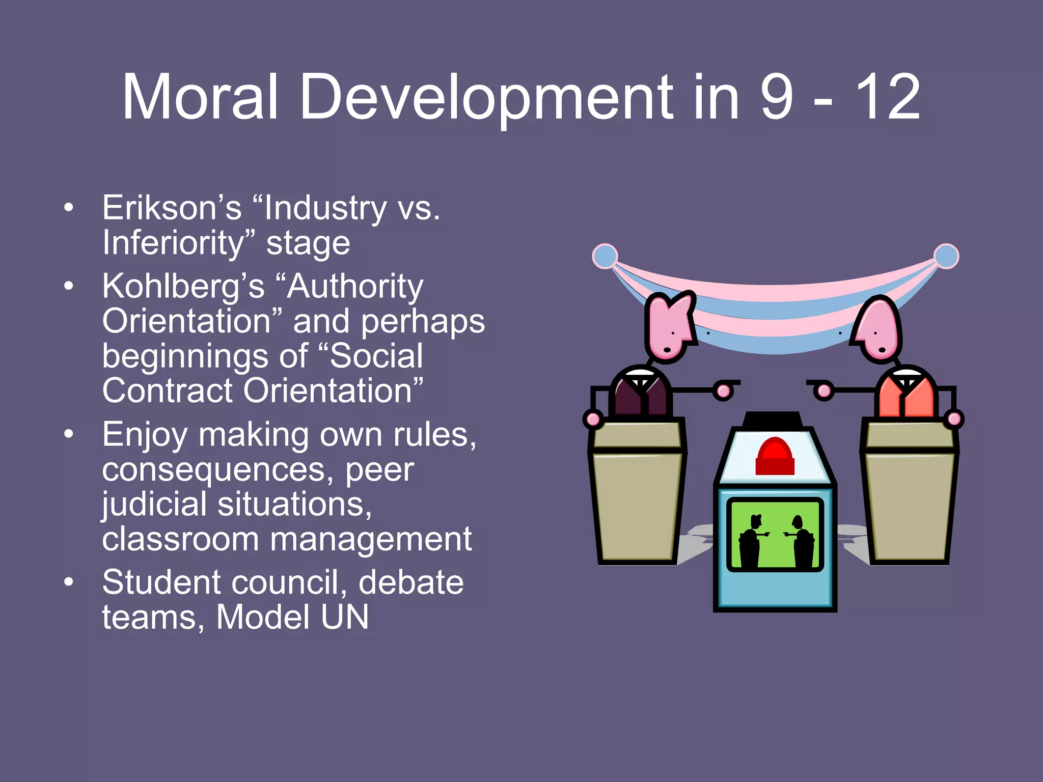 Moral Development in 9 - 12 Erikson’s “Industry vs. Inferiority” stage Kohlberg’s “Authority Orientation” and perhaps beginnings of “Social Contract Orientation” Enjoy making own rules, consequences, peer judicial situations, classroom management Student council, debate teams, Model UN 