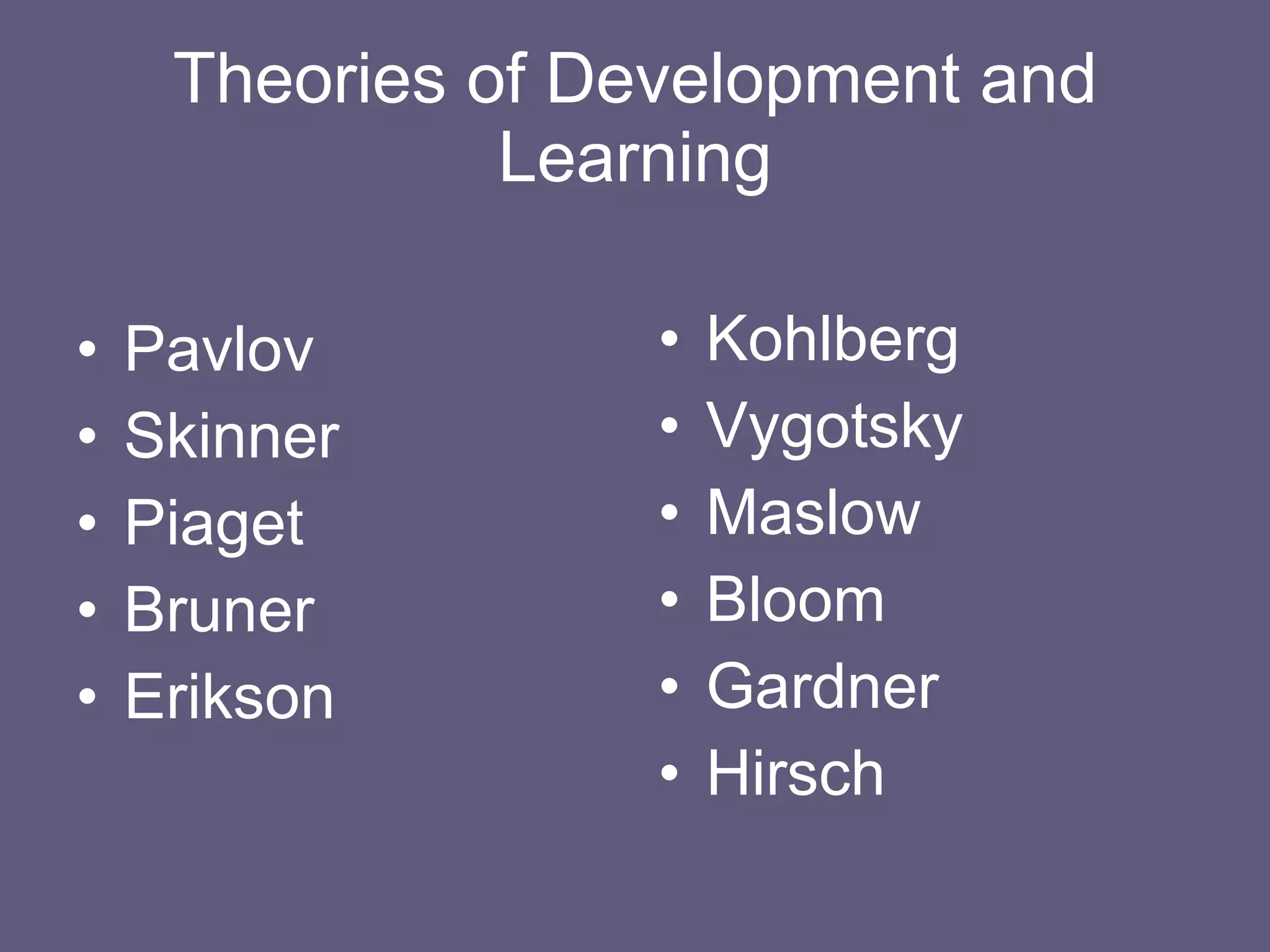 Theories of Development and Learning Pavlov Skinner Piaget Bruner Erikson Kohlberg Vygotsky Maslow Bloom Gardner Hirsch 