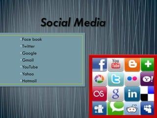 Face book
Twitter
Google
Gmail
YouTube
Yahoo
Hotmail
 