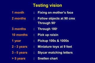 Testing vision
1 month : Fixing on mother’s face
2 months : Follow objects at 90 cms
Through 90o
3 months : Through 180o
10 months : Pick up raisin
1 year : Pickup 100s & 1000s
2 - 3 years : Miniature toys at 9 feet
3 - 5 years : Stycar matching letters
> 5 years : Snellen chart
 