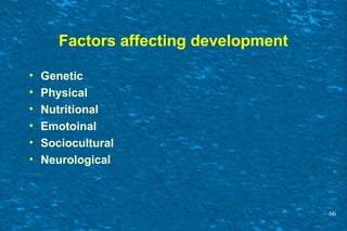 Factors affecting development
• Genetic
• Physical
• Nutritional
• Emotoinal
• Sociocultural
• Neurological
66
 