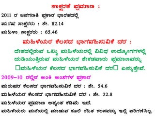 ¸ÁPÀëgÀvÉ ¥ÀæªÀiÁt :
2011 gÀ d£ÀUÀtw ¥ÀæPÁgÀ ¨sÁgÀvÀzÀ°è
¥ÀÄgÀµÀ ¸ÁPÀëgÀgÀÄ : ±ÉÃ. 82.14
ªÀÄ»¼Á ¸ÁPÀëgÀgÀÄ : 65.46
ªÀÄ»¼ÉAiÀÄgÀ PÉ®¸ÀzÀ ¨sÁUÀªÀ»¸ÀÄ«PÉ zÀgÀ :
zÉÃ±ÀzÀ°ègÀÄªÀ MlÄÖ ªÀÄ»¼ÉAiÀÄgÀ°è ««zsÀ GzÉÆåÃUÀUÀ¼À°è
zÀÄrAiÀÄÄwÛgÀÄªÀ ªÀÄ»¼ÉAiÀÄgÀ ±ÉÃPÀqÀªÁgÀÄ ¥ÀæªÀiÁtªÀ£ÀÄß
–ªÀÄ»¼ÉAiÀÄgÀ PÉ®¸ÀzÀ ¨sÁUÀªÀ»¸ÀÄ«PÉ zÀgÀ– J£ÀÄßvÉÛÃªÉ.
2009-10 gÀ°è£À CAQ CA±ÀUÀ¼À ¥ÀæPÁgÀ
¥ÀÄgÀÄµÀgÀ PÉ®¸ÀzÀ ¨sÁUÀªÀ»¸ÀÄ«PÉ zÀgÀ : ±ÉÃ. 54.6
ªÀÄ»¼ÉAiÀÄgÀ PÉ®¸ÀzÀ ¨sÁUÀªÀ»¸ÀÄ«PÉ zÀgÀ : ±ÉÃ. 22.8
ªÀÄ»¼ÉAiÀÄgÀ ¥ÀæªÀiÁt CvÀåAvÀ PÀrªÉÄ EzÉ.
ªÀÄ»¼ÉAiÀÄgÀÄ ªÀÄ£ÉAiÀÄ°è ªÀiÁqÀÄªÀ PÀÆ° gÀ»vÀ PÀ®¸ÀªÀ£ÀÄß E°è ¥ÀjUÀtÂ¹®è.
 