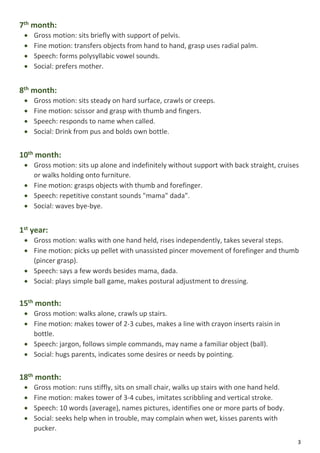 3
7th month:
 Gross motion: sits briefly with support of pelvis.
 Fine motion: transfers objects from hand to hand, grasp uses radial palm.
 Speech: forms polysyllabic vowel sounds.
 Social: prefers mother.
8th month:
 Gross motion: sits steady on hard surface, crawls or creeps.
 Fine motion: scissor and grasp with thumb and fingers.
 Speech: responds to name when called.
 Social: Drink from pus and bolds own bottle.
10th month:
 Gross motion: sits up alone and indefinitely without support with back straight, cruises
or walks holding onto furniture.
 Fine motion: grasps objects with thumb and forefinger.
 Speech: repetitive constant sounds "mama" dada".
 Social: waves bye-bye.
1st year:
 Gross motion: walks with one hand held, rises independently, takes several steps.
 Fine motion: picks up pellet with unassisted pincer movement of forefinger and thumb
(pincer grasp).
 Speech: says a few words besides mama, dada.
 Social: plays simple ball game, makes postural adjustment to dressing.
15th month:
 Gross motion: walks alone, crawls up stairs.
 Fine motion: makes tower of 2-3 cubes, makes a line with crayon inserts raisin in
bottle.
 Speech: jargon, follows simple commands, may name a familiar object (ball).
 Social: hugs parents, indicates some desires or needs by pointing.
18th month:
 Gross motion: runs stiffly, sits on small chair, walks up stairs with one hand held.
 Fine motion: makes tower of 3-4 cubes, imitates scribbling and vertical stroke.
 Speech: 10 words (average), names pictures, identifies one or more parts of body.
 Social: seeks help when in trouble, may complain when wet, kisses parents with
pucker.
 