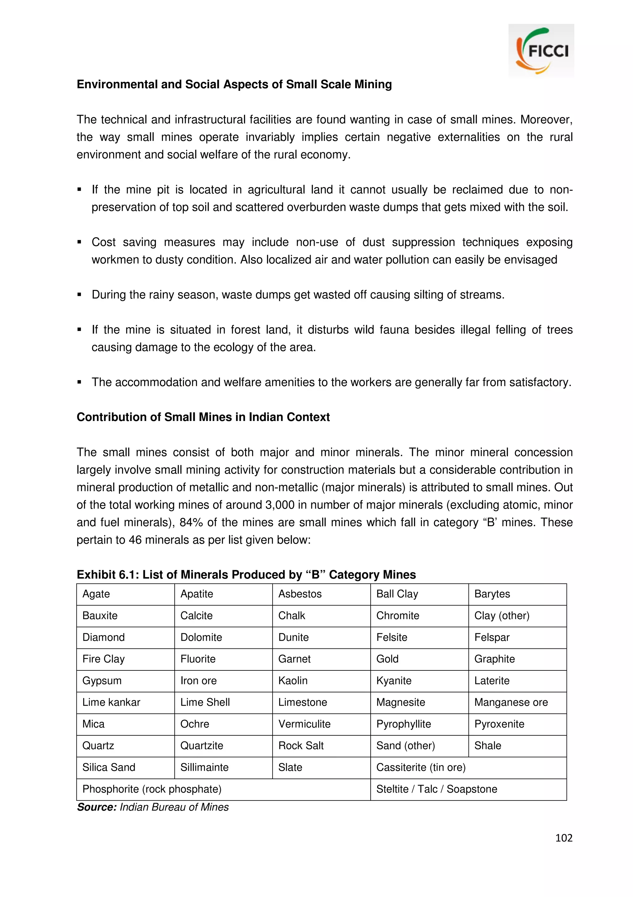 Environmental and Social Aspects of Small Scale Mining
The technical and infrastructural facilities are found wanting in case of small mines. Moreover,
the way small mines operate invariably implies certain negative externalities on the rural
environment and social welfare of the rural economy.
If the mine pit is located in agricultural land it cannot usually be reclaimed due to nonpreservation of top soil and scattered overburden waste dumps that gets mixed with the soil.
Cost saving measures may include non-use of dust suppression techniques exposing
workmen to dusty condition. Also localized air and water pollution can easily be envisaged
During the rainy season, waste dumps get wasted off causing silting of streams.
If the mine is situated in forest land, it disturbs wild fauna besides illegal felling of trees
causing damage to the ecology of the area.
The accommodation and welfare amenities to the workers are generally far from satisfactory.
Contribution of Small Mines in Indian Context
The small mines consist of both major and minor minerals. The minor mineral concession
largely involve small mining activity for construction materials but a considerable contribution in
mineral production of metallic and non-metallic (major minerals) is attributed to small mines. Out
of the total working mines of around 3,000 in number of major minerals (excluding atomic, minor
and fuel minerals), 84% of the mines are small mines which fall in category “B’ mines. These
pertain to 46 minerals as per list given below:
Exhibit 6.1: List of Minerals Produced by “B” Category Mines
Agate

Apatite

Asbestos

Ball Clay

Barytes

Bauxite

Calcite

Chalk

Chromite

Clay (other)

Diamond

Dolomite

Dunite

Felsite

Felspar

Fire Clay

Fluorite

Garnet

Gold

Graphite

Gypsum

Iron ore

Kaolin

Kyanite

Laterite

Lime kankar

Lime Shell

Limestone

Magnesite

Manganese ore

Mica

Ochre

Vermiculite

Pyrophyllite

Pyroxenite

Quartz

Quartzite

Rock Salt

Sand (other)

Shale

Silica Sand

Sillimainte

Slate

Cassiterite (tin ore)

Phosphorite (rock phosphate)

Steltite / Talc / Soapstone

Source: Indian Bureau of Mines

102

 