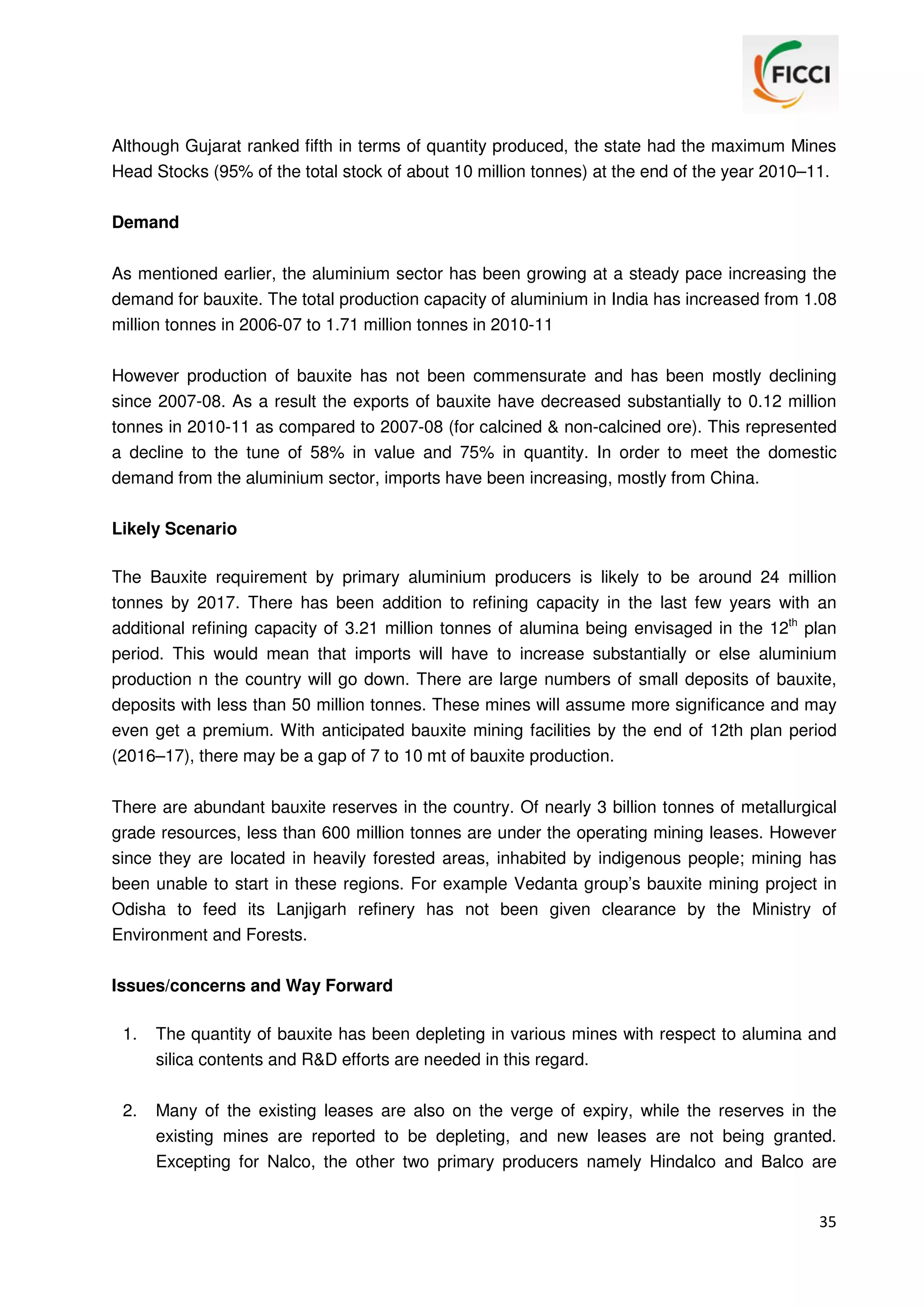 Although Gujarat ranked fifth in terms of quantity produced, the state had the maximum Mines
Head Stocks (95% of the total stock of about 10 million tonnes) at the end of the year 2010–11.
Demand
As mentioned earlier, the aluminium sector has been growing at a steady pace increasing the
demand for bauxite. The total production capacity of aluminium in India has increased from 1.08
million tonnes in 2006-07 to 1.71 million tonnes in 2010-11
However production of bauxite has not been commensurate and has been mostly declining
since 2007-08. As a result the exports of bauxite have decreased substantially to 0.12 million
tonnes in 2010-11 as compared to 2007-08 (for calcined & non-calcined ore). This represented
a decline to the tune of 58% in value and 75% in quantity. In order to meet the domestic
demand from the aluminium sector, imports have been increasing, mostly from China.
Likely Scenario
The Bauxite requirement by primary aluminium producers is likely to be around 24 million
tonnes by 2017. There has been addition to refining capacity in the last few years with an
additional refining capacity of 3.21 million tonnes of alumina being envisaged in the 12th plan
period. This would mean that imports will have to increase substantially or else aluminium
production n the country will go down. There are large numbers of small deposits of bauxite,
deposits with less than 50 million tonnes. These mines will assume more significance and may
even get a premium. With anticipated bauxite mining facilities by the end of 12th plan period
(2016–17), there may be a gap of 7 to 10 mt of bauxite production.
There are abundant bauxite reserves in the country. Of nearly 3 billion tonnes of metallurgical
grade resources, less than 600 million tonnes are under the operating mining leases. However
since they are located in heavily forested areas, inhabited by indigenous people; mining has
been unable to start in these regions. For example Vedanta group’s bauxite mining project in
Odisha to feed its Lanjigarh refinery has not been given clearance by the Ministry of
Environment and Forests.
Issues/concerns and Way Forward
1.

The quantity of bauxite has been depleting in various mines with respect to alumina and
silica contents and R&D efforts are needed in this regard.

2.

Many of the existing leases are also on the verge of expiry, while the reserves in the
existing mines are reported to be depleting, and new leases are not being granted.
Excepting for Nalco, the other two primary producers namely Hindalco and Balco are

35

 