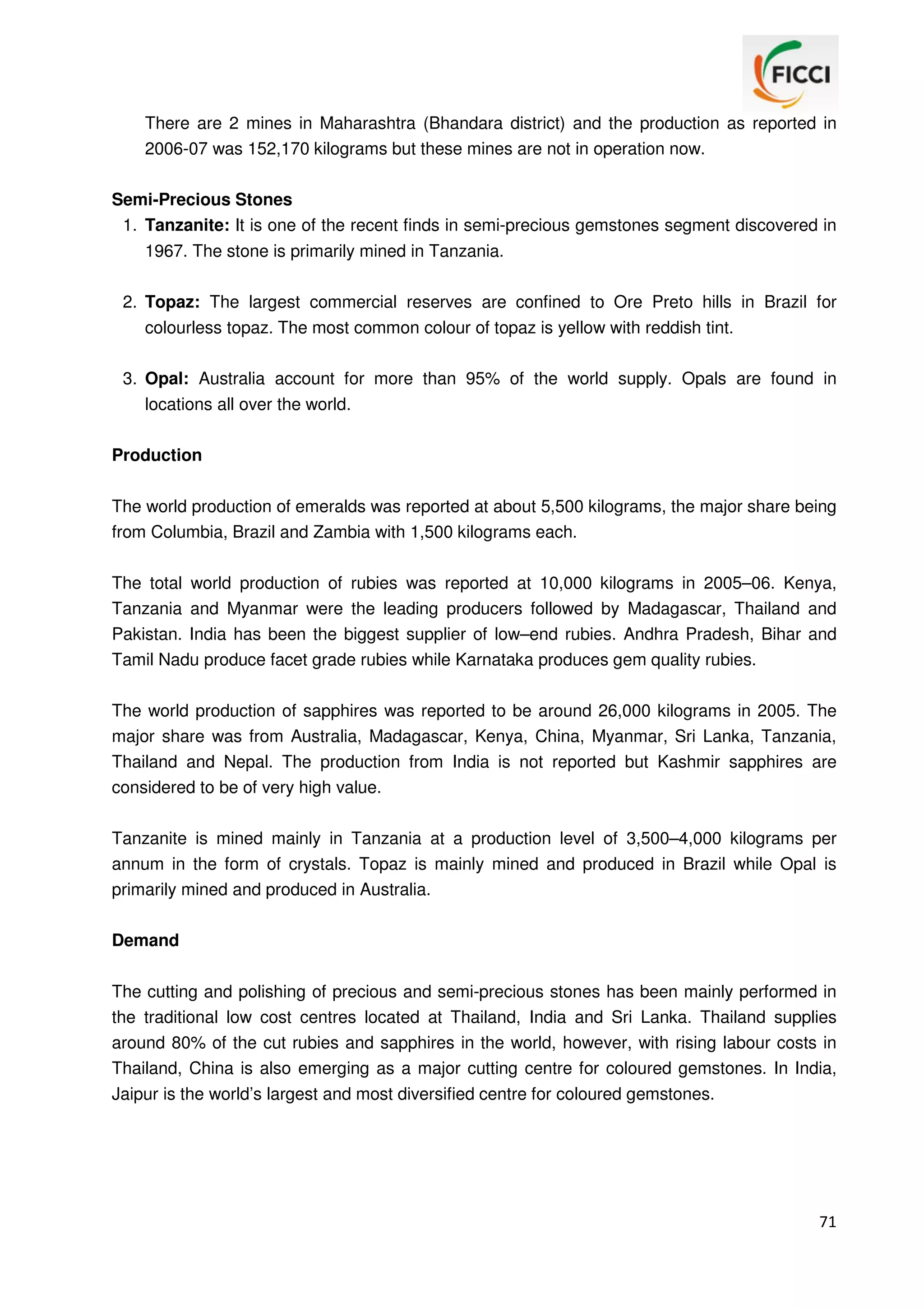 There are 2 mines in Maharashtra (Bhandara district) and the production as reported in
2006-07 was 152,170 kilograms but these mines are not in operation now.
Semi-Precious Stones
1. Tanzanite: It is one of the recent finds in semi-precious gemstones segment discovered in
1967. The stone is primarily mined in Tanzania.
2. Topaz: The largest commercial reserves are confined to Ore Preto hills in Brazil for
colourless topaz. The most common colour of topaz is yellow with reddish tint.
3. Opal: Australia account for more than 95% of the world supply. Opals are found in
locations all over the world.
Production
The world production of emeralds was reported at about 5,500 kilograms, the major share being
from Columbia, Brazil and Zambia with 1,500 kilograms each.
The total world production of rubies was reported at 10,000 kilograms in 2005–06. Kenya,
Tanzania and Myanmar were the leading producers followed by Madagascar, Thailand and
Pakistan. India has been the biggest supplier of low–end rubies. Andhra Pradesh, Bihar and
Tamil Nadu produce facet grade rubies while Karnataka produces gem quality rubies.
The world production of sapphires was reported to be around 26,000 kilograms in 2005. The
major share was from Australia, Madagascar, Kenya, China, Myanmar, Sri Lanka, Tanzania,
Thailand and Nepal. The production from India is not reported but Kashmir sapphires are
considered to be of very high value.
Tanzanite is mined mainly in Tanzania at a production level of 3,500–4,000 kilograms per
annum in the form of crystals. Topaz is mainly mined and produced in Brazil while Opal is
primarily mined and produced in Australia.
Demand
The cutting and polishing of precious and semi-precious stones has been mainly performed in
the traditional low cost centres located at Thailand, India and Sri Lanka. Thailand supplies
around 80% of the cut rubies and sapphires in the world, however, with rising labour costs in
Thailand, China is also emerging as a major cutting centre for coloured gemstones. In India,
Jaipur is the world’s largest and most diversified centre for coloured gemstones.

71

 