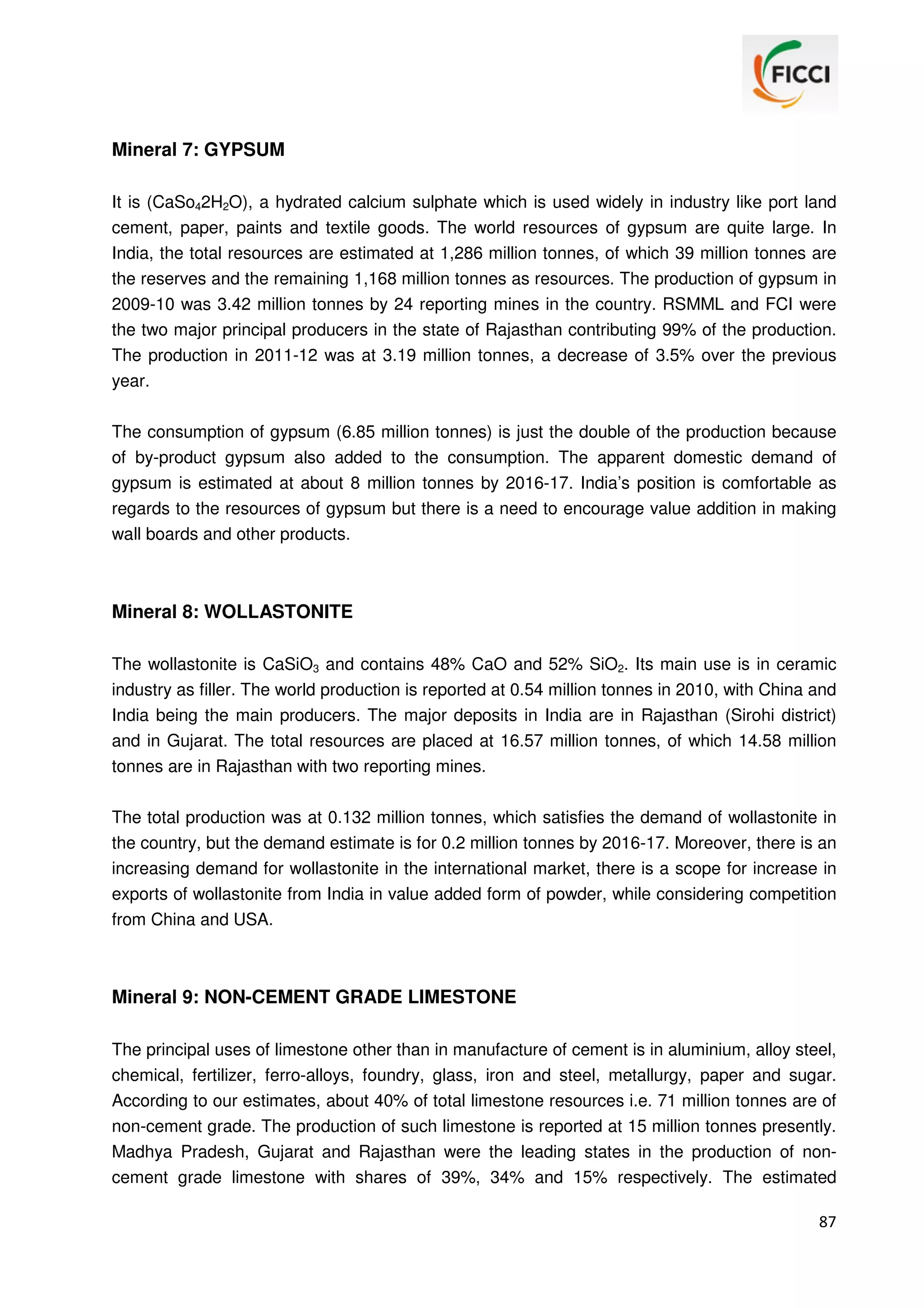 Mineral 7: GYPSUM
It is (CaSo42H2O), a hydrated calcium sulphate which is used widely in industry like port land
cement, paper, paints and textile goods. The world resources of gypsum are quite large. In
India, the total resources are estimated at 1,286 million tonnes, of which 39 million tonnes are
the reserves and the remaining 1,168 million tonnes as resources. The production of gypsum in
2009-10 was 3.42 million tonnes by 24 reporting mines in the country. RSMML and FCI were
the two major principal producers in the state of Rajasthan contributing 99% of the production.
The production in 2011-12 was at 3.19 million tonnes, a decrease of 3.5% over the previous
year.
The consumption of gypsum (6.85 million tonnes) is just the double of the production because
of by-product gypsum also added to the consumption. The apparent domestic demand of
gypsum is estimated at about 8 million tonnes by 2016-17. India’s position is comfortable as
regards to the resources of gypsum but there is a need to encourage value addition in making
wall boards and other products.

Mineral 8: WOLLASTONITE
The wollastonite is CaSiO3 and contains 48% CaO and 52% SiO2. Its main use is in ceramic
industry as filler. The world production is reported at 0.54 million tonnes in 2010, with China and
India being the main producers. The major deposits in India are in Rajasthan (Sirohi district)
and in Gujarat. The total resources are placed at 16.57 million tonnes, of which 14.58 million
tonnes are in Rajasthan with two reporting mines.
The total production was at 0.132 million tonnes, which satisfies the demand of wollastonite in
the country, but the demand estimate is for 0.2 million tonnes by 2016-17. Moreover, there is an
increasing demand for wollastonite in the international market, there is a scope for increase in
exports of wollastonite from India in value added form of powder, while considering competition
from China and USA.

Mineral 9: NON-CEMENT GRADE LIMESTONE
The principal uses of limestone other than in manufacture of cement is in aluminium, alloy steel,
chemical, fertilizer, ferro-alloys, foundry, glass, iron and steel, metallurgy, paper and sugar.
According to our estimates, about 40% of total limestone resources i.e. 71 million tonnes are of
non-cement grade. The production of such limestone is reported at 15 million tonnes presently.
Madhya Pradesh, Gujarat and Rajasthan were the leading states in the production of noncement grade limestone with shares of 39%, 34% and 15% respectively. The estimated
87

 