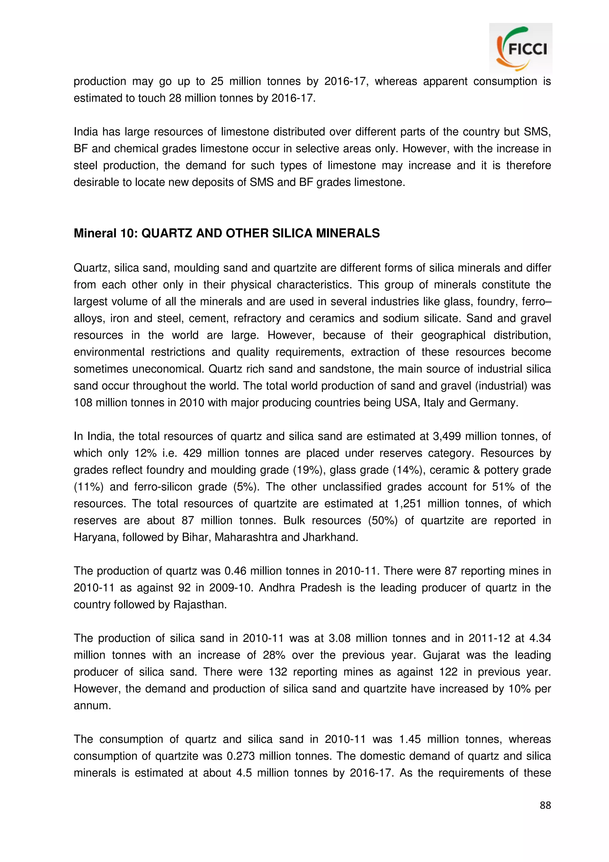 production may go up to 25 million tonnes by 2016-17, whereas apparent consumption is
estimated to touch 28 million tonnes by 2016-17.
India has large resources of limestone distributed over different parts of the country but SMS,
BF and chemical grades limestone occur in selective areas only. However, with the increase in
steel production, the demand for such types of limestone may increase and it is therefore
desirable to locate new deposits of SMS and BF grades limestone.

Mineral 10: QUARTZ AND OTHER SILICA MINERALS
Quartz, silica sand, moulding sand and quartzite are different forms of silica minerals and differ
from each other only in their physical characteristics. This group of minerals constitute the
largest volume of all the minerals and are used in several industries like glass, foundry, ferro–
alloys, iron and steel, cement, refractory and ceramics and sodium silicate. Sand and gravel
resources in the world are large. However, because of their geographical distribution,
environmental restrictions and quality requirements, extraction of these resources become
sometimes uneconomical. Quartz rich sand and sandstone, the main source of industrial silica
sand occur throughout the world. The total world production of sand and gravel (industrial) was
108 million tonnes in 2010 with major producing countries being USA, Italy and Germany.
In India, the total resources of quartz and silica sand are estimated at 3,499 million tonnes, of
which only 12% i.e. 429 million tonnes are placed under reserves category. Resources by
grades reflect foundry and moulding grade (19%), glass grade (14%), ceramic & pottery grade
(11%) and ferro-silicon grade (5%). The other unclassified grades account for 51% of the
resources. The total resources of quartzite are estimated at 1,251 million tonnes, of which
reserves are about 87 million tonnes. Bulk resources (50%) of quartzite are reported in
Haryana, followed by Bihar, Maharashtra and Jharkhand.
The production of quartz was 0.46 million tonnes in 2010-11. There were 87 reporting mines in
2010-11 as against 92 in 2009-10. Andhra Pradesh is the leading producer of quartz in the
country followed by Rajasthan.
The production of silica sand in 2010-11 was at 3.08 million tonnes and in 2011-12 at 4.34
million tonnes with an increase of 28% over the previous year. Gujarat was the leading
producer of silica sand. There were 132 reporting mines as against 122 in previous year.
However, the demand and production of silica sand and quartzite have increased by 10% per
annum.
The consumption of quartz and silica sand in 2010-11 was 1.45 million tonnes, whereas
consumption of quartzite was 0.273 million tonnes. The domestic demand of quartz and silica
minerals is estimated at about 4.5 million tonnes by 2016-17. As the requirements of these
88

 