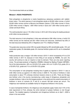 The mineral-wise briefs are as follows:

Mineral 1: ROCK PHOSPHATE
Rock phosphate or phosphorite is mainly fossilyferrous calcareous sandstone with reddishbrown colour. The world reserves of rock phosphate stands at 65,000 million tonnes, of which
50,000 million tonnes confine to Morocco and Western Sahara, 3,700 million tonnes in China,
2,200 million tonnes in Algeria, 1,800 million tonnes in Syria and 1,500 million tonnes each in
Jordan and South Africa.
The world production was at 176 million tonnes in 2010 with China being the leading producer
at 65 million tonnes production.
The total resource of rock phosphate in India was estimated at 296 million tonnes, of which 35
million tonnes are the reserves and 261 million tonnes are resources. Jharkhand has 36% of
the total resources followed by 30% in Rajasthan and 17% in Madhya Pradesh.
The grade wise resources contain 39% low grade followed by 29% beneficiable grade, 12% soil
reclamation grade, 9% blendable grade, 6% chemical fertilizer grade and 5% as of unclassified
grade.
India’s production was a meagre 1.65 million tonnes in 2010-11 which increased by 41% to 2.33
million tonnes in 2011-12, because of more lifting of ore dumps by RSMML. As such, the
country will continue to rely on imports to meet its demand. There are only seven reporting
mines. The principal producer is Rajasthan (RSMML) followed by Madhya Pradesh (MPSMC).
Out of the total production, 49% is of 30-35% P2O5 grade, 44% is of 15-20% P2O5 grade, 6% is
of 25-30% P2O5 grade and 1% is of 20-25% P2O5 grade.
The consumption of rock phosphate including that of apatite as reported in 20101-11 was at
3.68 million tonnes as against 3.15 million tonnes in 2009-10. The share of fertilizers in total
consumption is about 77% whereas chemical industry’s share is at 23%. There are 56 large
size fertilizer units in the country manufacturing a wide range of nitrogenous, phosphatic and
complex fertilizers. India is the third largest producer in the world and the overall consumption of
fertilizers in terms of nutrients (N, P and K) is around 168 lakh tonnes per annum. The
indigenous raw materials are available mainly for nitrogenous fertilizers in the country.
In case of phosphate fertilizers, the indigenous rock phosphate supply meets only 5-10% of the
total requirement of P2O5 whereas the entire demand of potasic fertilizers is met through
imports. The installed capacity of phosphatic and nitrogenous fertilizers as on April 1, 2009 is
shown in the next exhibit.

83

 