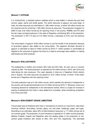 Mineral 7: GYPSUM
It is (CaSo42H2O), a hydrated calcium sulphate which is used widely in industry like port land
cement, paper, paints and textile goods. The world resources of gypsum are quite large. In
India, the total resources are estimated at 1,286 million tonnes, of which 39 million tonnes are
the reserves and the remaining 1,168 million tonnes as resources. The production of gypsum in
2009-10 was 3.42 million tonnes by 24 reporting mines in the country. RSMML and FCI were
the two major principal producers in the state of Rajasthan contributing 99% of the production.
The production in 2011-12 was at 3.19 million tonnes, a decrease of 3.5% over the previous
year.
The consumption of gypsum (6.85 million tonnes) is just the double of the production because
of by-product gypsum also added to the consumption. The apparent domestic demand of
gypsum is estimated at about 8 million tonnes by 2016-17. India’s position is comfortable as
regards to the resources of gypsum but there is a need to encourage value addition in making
wall boards and other products.

Mineral 8: WOLLASTONITE
The wollastonite is CaSiO3 and contains 48% CaO and 52% SiO2. Its main use is in ceramic
industry as filler. The world production is reported at 0.54 million tonnes in 2010, with China and
India being the main producers. The major deposits in India are in Rajasthan (Sirohi district)
and in Gujarat. The total resources are placed at 16.57 million tonnes, of which 14.58 million
tonnes are in Rajasthan with two reporting mines.
The total production was at 0.132 million tonnes, which satisfies the demand of wollastonite in
the country, but the demand estimate is for 0.2 million tonnes by 2016-17. Moreover, there is an
increasing demand for wollastonite in the international market, there is a scope for increase in
exports of wollastonite from India in value added form of powder, while considering competition
from China and USA.

Mineral 9: NON-CEMENT GRADE LIMESTONE
The principal uses of limestone other than in manufacture of cement is in aluminium, alloy steel,
chemical, fertilizer, ferro-alloys, foundry, glass, iron and steel, metallurgy, paper and sugar.
According to our estimates, about 40% of total limestone resources i.e. 71 million tonnes are of
non-cement grade. The production of such limestone is reported at 15 million tonnes presently.
Madhya Pradesh, Gujarat and Rajasthan were the leading states in the production of noncement grade limestone with shares of 39%, 34% and 15% respectively. The estimated
87

 