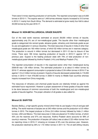 There were 5 mines reporting production of vermiculite. The reported consumption was at 8,000
tonnes in 2010-11. The exports were at 1,449 tonnes whereas imports increased to 312 tonnes
in 2010-11 mainly from South Africa. The demand is estimated at grow nearly four-fold to about
30,000 tonnes by the year 2016-17.

Mineral 19: NON-METALLURGICAL GRADE BAUXITE
Out of the total world reserves estimated at around 28,000 million tonnes of bauxite,
approximately only 5% are of non-metallurgical grade. The bauxite other than metallurgical
grade is categorized into cement grade, abrasive grade, refractory and chemicals grade as per
its use and application in various industries. The total resources of bauxite in India of other than
metallurgical grade are 160 million tonnes, of which 62 million tonnes are in reserves category.
The production is around 4 million tonnes but decreased in 2011-12 due to closure of few
mines. There were 189 mines reporting production of bauxite in 2010-11 against 197 in
previous year. Gujarat is the leading producer state with 79% of total production of nonmetallurgical grade followed by Andhra Pradesh (14%) and Madhya Pradesh (7%).
The reported consumption of bauxite in the organized sector other than metallurgical during
2008-09 was 1.38 million tonnes. The estimated production is at about 6 million tonnes by
2016-17, whereas apparent consumption is projected at about 3.54 million tonnes in 2016-17 as
against 1.5 to 2 million tonnes at present. Exports of bauxite decreased substantially to 119,000
tonnes in 2010-11 from 476,000 tonnes in 2009-10 mainly to Middle East countries whereas
imports increased from China marginally.
The resources of refractory and chemical grade bauxite are relatively limited as against the
estimated future requirement. However a proper assessment of these grades of bauxite needs
to be done because of common occurrences of both the metallurgical and non–metallurgical
grades of bauxite together. The proper utilization of all grades is also called for.

Mineral 20: BARYTES
Barytes (BaSo4), a high specific gravity mineral which finds its use largely in the oil and gas well
drilling. The world reserves of barytes are at 240 million tonnes and the production is 6.9 million
tonnes in 2010. The largest producer is China (3.6 million tonnes) followed by India (1 million
tonnes), USA and Mexico. The total resources in India are placed at 73 million tonnes, of which
43% are the reserves and 57% are resources. Andhra Pradesh alone accounts for 99% of
country’s reserves. The production of barytes (off colour) was at about 2.33 million tonnes from
six reporting mines in 2010–11 showing an increase of 8% over the previous year. However,
the production declined by 26% to 1.72 million tonnes in 2011-12. The oil well drilling industry
93

 