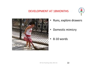 IAP UG Teaching slides 2015‐16
DEVELOPMENT AT 18MONTHS  
• Runs, explore drawers 
• Domestic mimicry
• 8‐10 words 
22
 