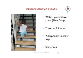 IAP UG Teaching slides 2015‐16
DEVELOPMENT AT 2 YEARS 
• Walks up and down 
stairs (2feet/step)
• Tower of 6 blocks 
• Pulls people to show 
toys 
• Sentences 
23
 