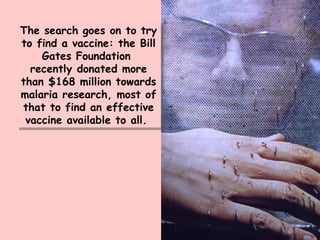 The search goes on to try to find a vaccine: the Bill Gates Foundation  recently donated more than $168 million towards malaria research, most of that to find an effective vaccine available to all.  