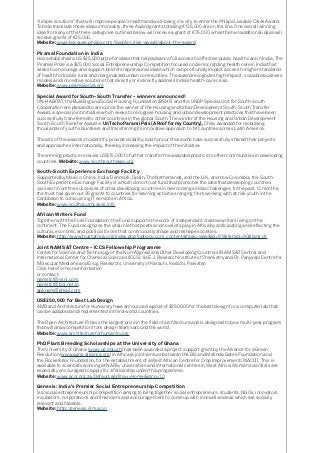 “simple solutions” that will improve people’s health and well-being in a city to enter the Philips Liveable Cities Award.
To help translate these ideas into reality, three Award grants totalling €125,000 are on the line. One overall winning
idea from any of the three categories outlined below will receive a grant of €75,000, while the two additional ideas will
receive grants of €25,000.
Website: www.because.philips.com/livable-cities-award/about-the-award
Piramal Foundation in India
Has established a US $25,000 prize for ideas that help advance full access to effective public health care in India. The
Piramal Prize is a $25,000 Social Entrepreneurship Competition focused on democratizing health care in India that
seeks to encourage and support bold entrepreneurial ideas which can profoundly impact access to higher standards
of health for India’s rural and marginalized urban communities. The award recognizes high-impact, scalable business
models and innovative solutions that directly or indirectly address India’s health-care crisis.
Website: www.piramalprize.org
Special Award for South-South Transfer - winners announced!
UN-HABITAT, the Building and Social Housing Foundation (BSHF) and the UNDP Special Unit for South-South
Cooperation are pleased to announce the winner of the Housing and Urban Development South-South Transfer
Award, a special joint initiative which seeks to recognise housing and urban development practices that have been
successfully transferred to other countries in the global South. The winner of the Housing and Urban Development
South-South Transfer Award is Un Techo Para mi País (A Roof for my Country), Chile, awarded for mobilising
thousands of youth volunteers and transferring its innovative approach to 19 countries across Latin America.
The aim of the award is to identify, provide visibility, and honour those who have successfully shared their projects
and approaches internationally, thereby increasing the impact of the initiative.
The winning practice receives US$15,000 to further transfer the awarded practice to other communities in developing
countries. Website: www.southsouthexpo.org
South-South Experience Exchange Facility
Supported by Mexico, China, India, Denmark, Spain, The Netherlands, and the U.K. and now Colombia, the South-
South Experience Exchange Facility is a multi donor trust fund that promotes the idea that developing countries
can learn from the successes of other developing countries in overcoming similar challenges. In the past 12 months,
the trust has given out 35 grants to countries for learning activities ranging from working with at risk youth in the
Caribbean to outsourcing IT services in Africa.
Website: www.southsouthcases.info
African Writers Fund
Together with the Ford Foundation, the Fund supports the work of independent creative writers living on the
continent. The Fund recognizes the vital role that poets and novelists play in Africa by anticipating and reflecting the
cultural, economic and political forces that continuously shape and reshape societies.
Website: http://www.trustafrica.org/index.php?option=com_content&task=view&id=91&Itemid=90&lang=fr
Joint NAM S&T Centre - ICCS Fellowship Programme
Centre for Science and Technology of the Non-Aligned and Other Developing Countries (NAM S&T Centre) and
International Center for Chemical Sciences (ICCS), (H.E.J. Research Institute of Chemistry and Dr. Panjwani Centre for
Molecular Medicine and Drug Research), University of Karachi, Karachi, Pakistan
Click here for more information
or contact:
namstct@vsnl.com,
namstct@bol.net.in,
apknam@gmail.com
US$250,000 for Best Lab Design	
AMD and Architecture for Humanity have announced a prize of $250 000 for the best design for a computer lab that
can be adapted and implemented in third-world countries.
The Open Architecture Prize is the largest prize in the field of architecture and is designed to be a multi-year program
that will draw competition from design teams around the world.
Website: www.architectureforhumanity.org
PhD Plant Breeding Scholarships at the University of Ghana
The University of Ghana (www.ug.edu.gh) has been awarded a project support grant by the Alliance for a Green
Revolution (www.agra-alliance.org) in Africa (a joint venture between the Bill and Melinda Gates Foundation and
the Rockefeller Foundation, for the establishment of a West African Centre for Crop Improvement (WACCI). This is
available to scientists working at NARIs, universities and international centres in West Africa. Women scientists are
especially encouraged to apply for a fellowship under this programme.
Website: www.acci.org.za/Default.asp?nav=Home&idno=10
Genesis: India’s Premier Social Entrepreneurship Competition
Is a social entrepreneurship competition aiming to bring together social entrepreneurs, students, NGOs, innovators,
incubators, corporations and financiers and encourage them to come up with innovative ideas which are socially
relevant and feasible.
Website: http://genesis.iitm.ac.in
 