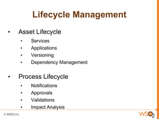Lifecycle Management
•   Asset Lifecycle
    •   Services
    •   Applications
    •   Versioning
    •   Dependency Management


•   Process Lifecycle
    •   Notifications
    •   Approvals
    •   Validations
    •   Impact Analysis
 
