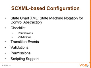 SCXML-based Configuration
•   State Chart XML: State Machine Notation for
    Control Abstraction
•   Checklist
    •   Permissions
    •   Validations
•   Transition Events
•   Validations
•   Permissions
•   Scripting Support
 