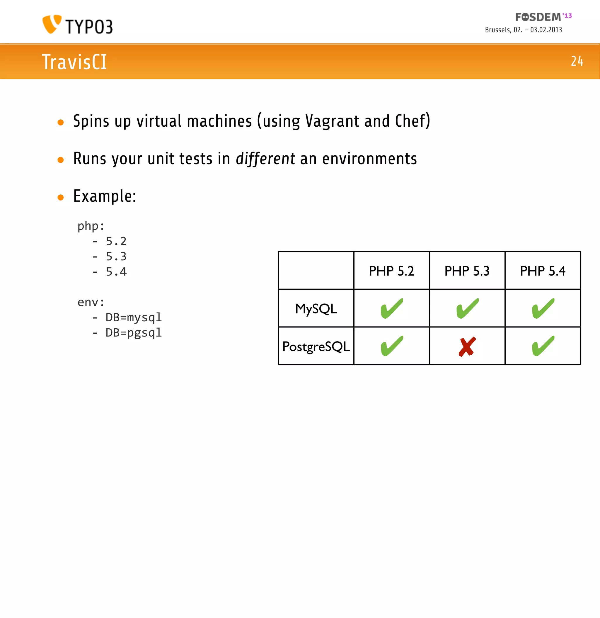 Brussels, 02. - 03.02.2013



TravisCI                                                                                   24



 • Spins up virtual machines (using Vagrant and Chef)

 • Runs your unit tests in different an environments

 • Example:
    php:
    	
  	
  -­‐	
  5.2
    	
  	
  -­‐	
  5.3
    	
  	
  -­‐	
  5.4                       PHP 5.2    PHP 5.3          PHP 5.4

    env:
    	
  	
  -­‐	
  DB=mysql
                                  MySQL       ✔          ✔                   ✔
    	
  	
  -­‐	
  DB=pgsql
                                PostgreSQL    ✔          ✘                   ✔
 