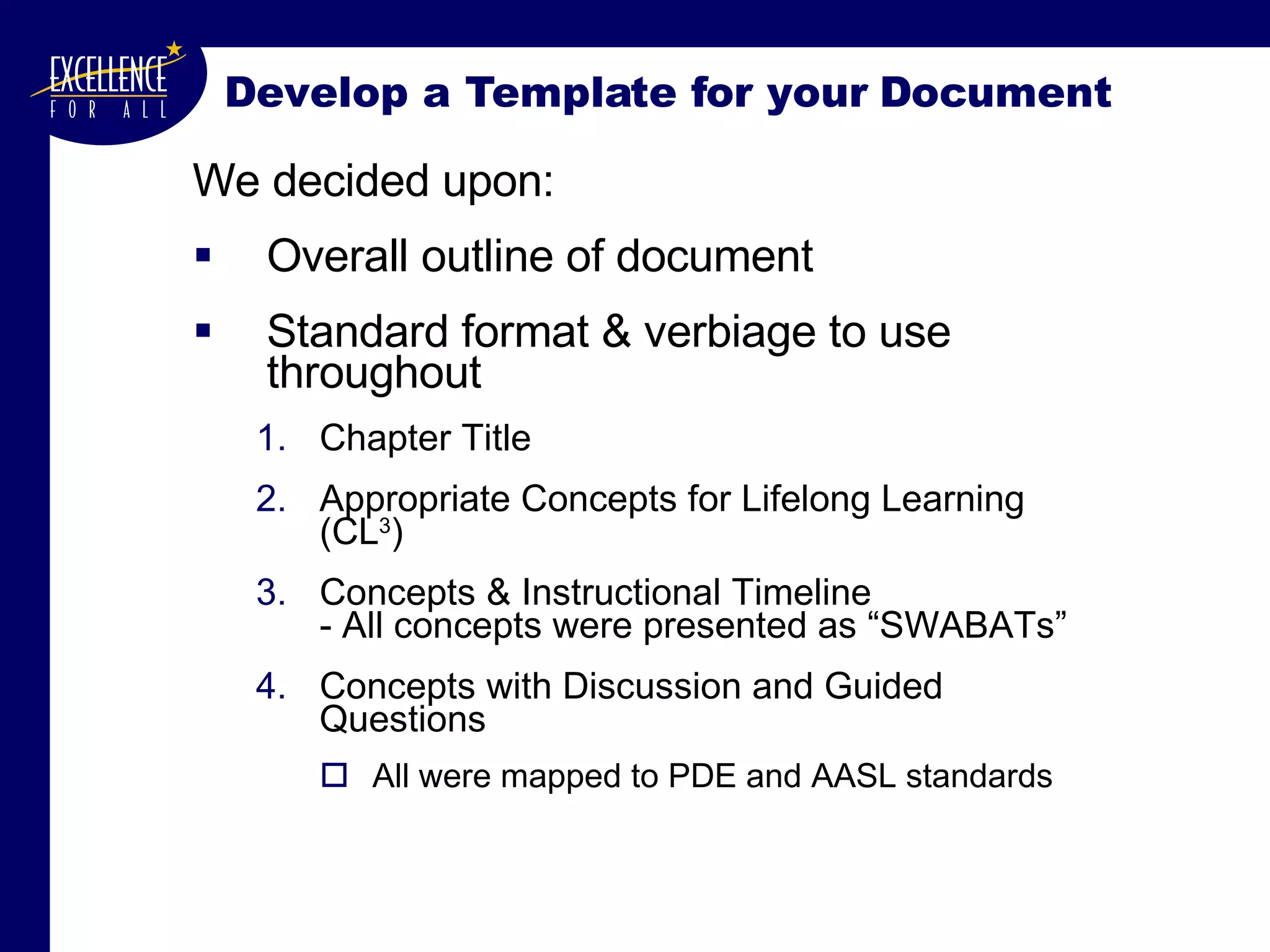 Develop a Template for your Document We decided upon: Overall outline of document Standard format & verbiage to use throughout Chapter Title Appropriate Concepts for Lifelong Learning (CL 3 ) Concepts & Instructional Timeline - All concepts were presented as “SWABATs” Concepts with Discussion and Guided Questions All were mapped to PDE and AASL standards 