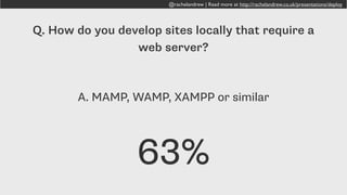 @rachelandrew | Read more at http://rachelandrew.co.uk/presentations/deploy
MAMP, XAMPP, WAMP
 