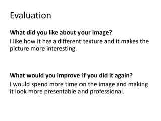Evaluation
What did you like about your image?
I like how it has a different texture and it makes the
picture more interesting.
What would you improve if you did it again?
I would spend more time on the image and making
it look more presentable and professional.
 