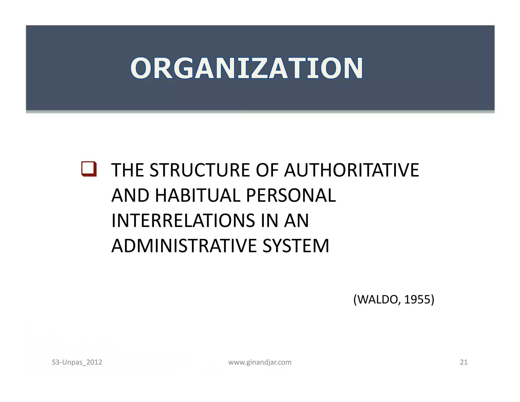  THE STRUCTURE OF AUTHORITATIVE
AND HABITUAL PERSONAL
INTERRELATIONS IN AN
ADMINISTRATIVE SYSTEM
(WALDO, 1955)
 THE STRUCTURE OF AUTHORITATIVE
AND HABITUAL PERSONAL
INTERRELATIONS IN AN
ADMINISTRATIVE SYSTEM
(WALDO, 1955)
www.ginandjar.com 21S3-Unpas_2012
 