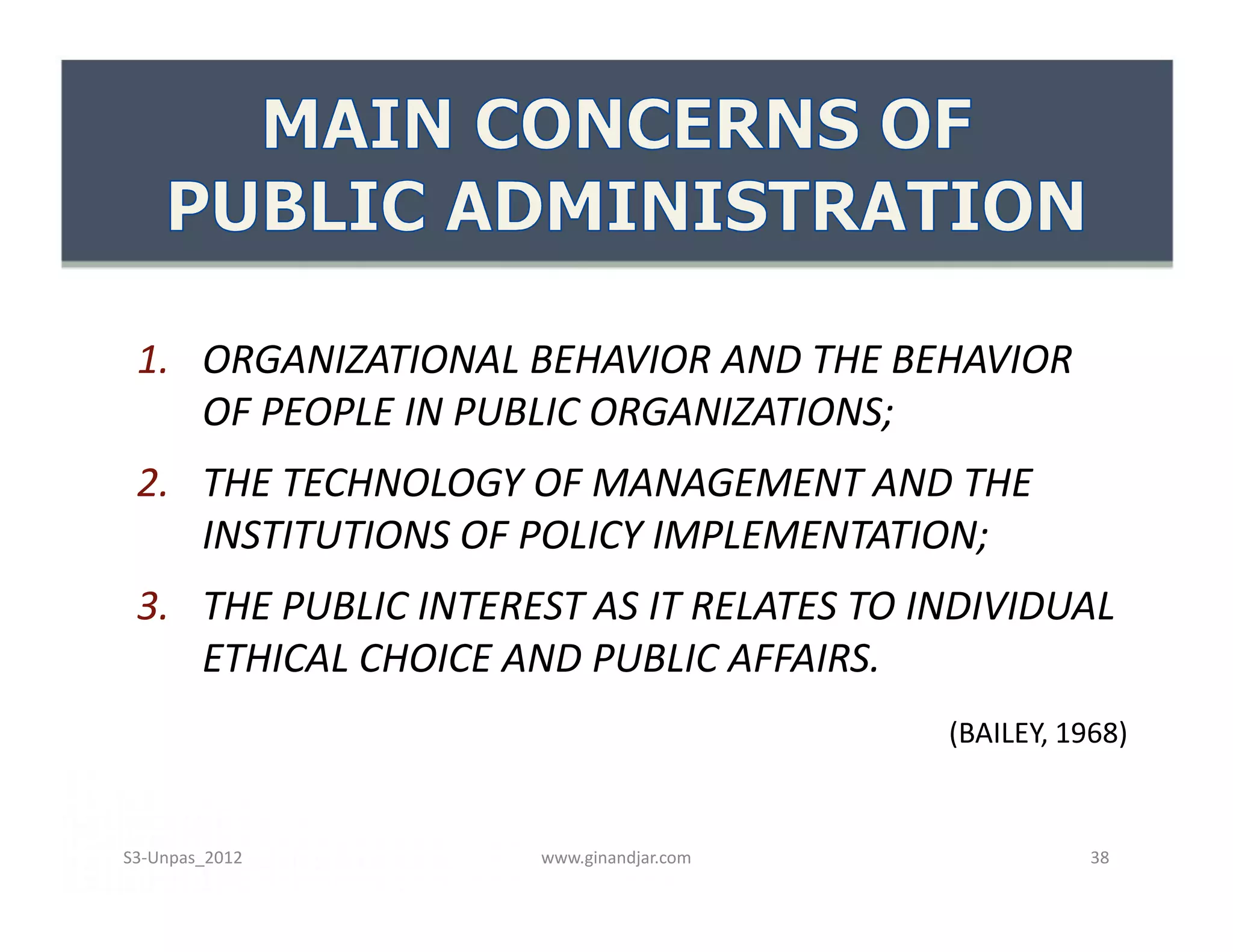 1. ORGANIZATIONAL BEHAVIOR AND THE BEHAVIOR
OF PEOPLE IN PUBLIC ORGANIZATIONS;
2. THE TECHNOLOGY OF MANAGEMENT AND THE
INSTITUTIONS OF POLICY IMPLEMENTATION;
3. THE PUBLIC INTEREST AS IT RELATES TO INDIVIDUAL
ETHICAL CHOICE AND PUBLIC AFFAIRS.
(BAILEY, 1968)
1. ORGANIZATIONAL BEHAVIOR AND THE BEHAVIOR
OF PEOPLE IN PUBLIC ORGANIZATIONS;
2. THE TECHNOLOGY OF MANAGEMENT AND THE
INSTITUTIONS OF POLICY IMPLEMENTATION;
3. THE PUBLIC INTEREST AS IT RELATES TO INDIVIDUAL
ETHICAL CHOICE AND PUBLIC AFFAIRS.
(BAILEY, 1968)
www.ginandjar.com 38S3-Unpas_2012
 