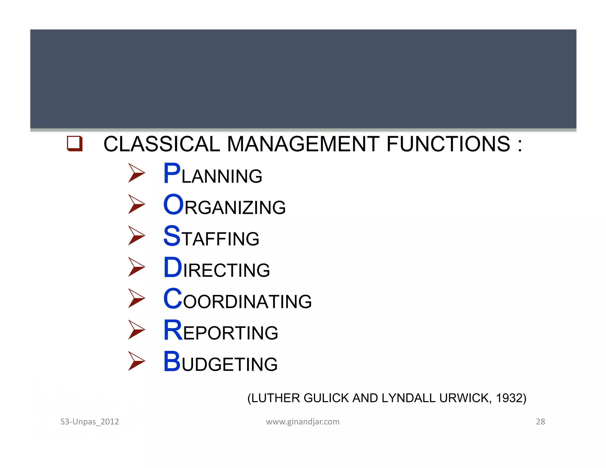 CLASSICAL MANAGEMENT FUNCTIONS :
                   PLANNING
                   ORGANIZING
                   STAFFING
                   DIRECTING
                   COORDINATING
                   REPORTING
                   BUDGETING
                          (LUTHER GULICK AND LYNDALL URWICK, 1932)
S3-Unpas_2012               www.ginandjar.com                        28
 