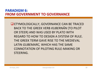 PARADIGM 6:
FROM GOVERNMENT TO GOVERNANCE

   ETYMOLOGICALLY, GOVERNANCE CAN BE TRACED
    BACK TO THE GREEK VERB KUBERNÂN (TO PILOT
    OR STEER) AND WAS USED BY PLATO WITH
    REGARD TO HOW TO DESIGN A SYSTEM OF RULE.
    THE GREEK TERM GAVE RISE TO THE MEDIEVAL
    LATIN GUBEMARC, WHICH HAS THE SAME
    CONNOTATION OF PILOTING RULE-MAKING OR
    STEERING.



 S3-Unpas_2012      www.ginandjar.com           20
 