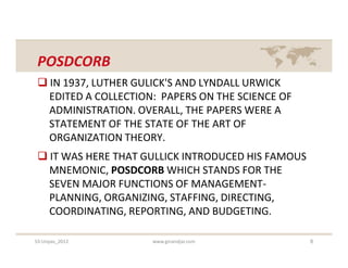 POSDCORB
  IN 1937, LUTHER GULICK'S AND LYNDALL URWICK
   EDITED A COLLECTION: PAPERS ON THE SCIENCE OF
   ADMINISTRATION. OVERALL, THE PAPERS WERE A
   STATEMENT OF THE STATE OF THE ART OF
   ORGANIZATION THEORY.
  IT WAS HERE THAT GULLICK INTRODUCED HIS FAMOUS
   MNEMONIC, POSDCORB WHICH STANDS FOR THE
   SEVEN MAJOR FUNCTIONS OF MANAGEMENT-
   PLANNING, ORGANIZING, STAFFING, DIRECTING,
   COORDINATING, REPORTING, AND BUDGETING.

S3-Unpas_2012         www.ginandjar.com             8
 