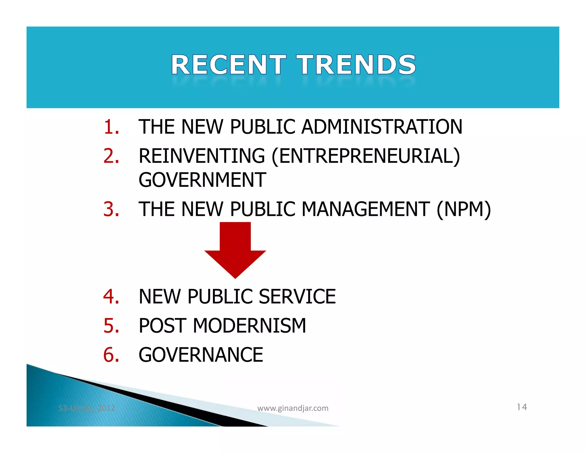 1. THE NEW PUBLIC ADMINISTRATION
          2. REINVENTING (ENTREPRENEURIAL)
             GOVERNMENT
          3. THE NEW PUBLIC MANAGEMENT (NPM)



          4. NEW PUBLIC SERVICE
          5. POST MODERNISM
          6. GOVERNANCE

S3-Unpas_2012          www.ginandjar.com       14
 