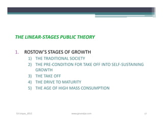 THE LINEAR-STAGES PUBLIC THEORY

1.    ROSTOW’S STAGES OF GROWTH
         1) THE TRADITIONAL SOCIETY
         2) THE PRE-CONDITION FOR TAKE OFF INTO SELF-SUSTAINING
            GROWTH
         3) THE TAKE OFF
         4) THE DRIVE TO MATURITY
         5) THE AGE OF HIGH MASS CONSUMPTION




S3-Unpas_2012                www.ginandjar.com                    17
 