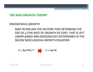 THE NEW GROWTH THEORY

ENDOGENOUS GROWTH
        SEEK TO EXPLAIN THE FACTORS THAT DETERMINE THE
        SIZE OF µ (THE RATE OF GROWTH OF GDP), THAT IS LEFT
        UNEXPLAINED AND EXOGENOUSLY DETERMINED IN THE
        SOLOW NEOCLASSICAL GROWTH EQUATION


            Y = AeµtKαL1-α          Y = AeµtK



S3-Unpas_2012                www.ginandjar.com           22
 