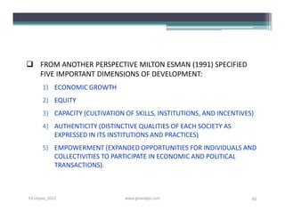  FROM ANOTHER PERSPECTIVE MILTON ESMAN (1991) SPECIFIED
  FIVE IMPORTANT DIMENSIONS OF DEVELOPMENT:
      1) ECONOMIC GROWTH
      2) EQUITY
      3) CAPACITY (CULTIVATION OF SKILLS, INSTITUTIONS, AND INCENTIVES)
      4) AUTHENTICITY (DISTINCTIVE QUALITIES OF EACH SOCIETY AS
         EXPRESSED IN ITS INSTITUTIONS AND PRACTICES)
      5) EMPOWERMENT (EXPANDED OPPORTUNITIES FOR INDIVIDUALS AND
         COLLECTIVITIES TO PARTICIPATE IN ECONOMIC AND POLITICAL
         TRANSACTIONS).



S3-Unpas_2012                  www.ginandjar.com                      45
 