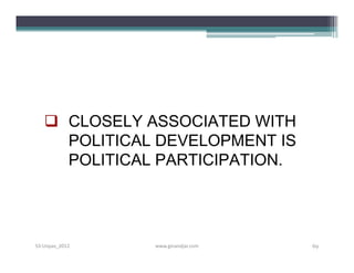  CLOSELY ASSOCIATED WITH
     POLITICAL DEVELOPMENT IS
     POLITICAL PARTICIPATION.




S3-Unpas_2012   www.ginandjar.com   69
 
