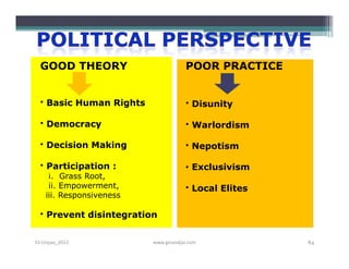 GOOD THEORY                         POOR PRACTICE


  • Basic Human Rights                • Disunity

  • Democracy                         • Warlordism

  • Decision Making                   • Nepotism

  • Participation :                   • Exclusivism
     i. Grass Root,
     ii. Empowerment,                 • Local Elites
    iii. Responsiveness

  • Prevent disintegration


S3-Unpas_2012             www.ginandjar.com            84
 