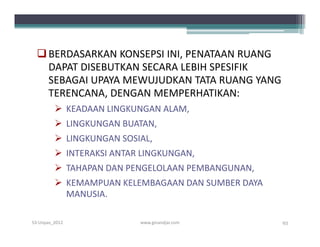  BERDASARKAN KONSEPSI INI, PENATAAN RUANG
    DAPAT DISEBUTKAN SECARA LEBIH SPESIFIK
    SEBAGAI UPAYA MEWUJUDKAN TATA RUANG YANG
    TERENCANA, DENGAN MEMPERHATIKAN:
          KEADAAN LINGKUNGAN ALAM,
          LINGKUNGAN BUATAN,
          LINGKUNGAN SOSIAL,
          INTERAKSI ANTAR LINGKUNGAN,
          TAHAPAN DAN PENGELOLAAN PEMBANGUNAN,
          KEMAMPUAN KELEMBAGAAN DAN SUMBER DAYA
           MANUSIA.

S3-Unpas_2012             www.ginandjar.com        93
 