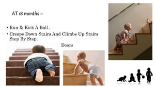 AT 18 months :-
• Run & Kick A Ball .
• Creeps Down Stairs And Climbs Up Stairs
Step By Step.
• Push And Pull Toys And Doors
 