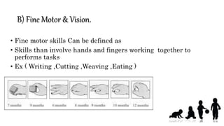 B) Fine Motor & Vision.
• Fine motor skills Can be defined as
• Skills than involve hands and fingers working together to
performs tasks
• Ex ( Writing ,Cutting ,Weaving ,Eating )
 