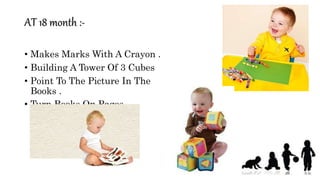 AT 18 month :-
• Makes Marks With A Crayon .
• Building A Tower Of 3 Cubes
• Point To The Picture In The
Books .
• Turn Books On Pages
 