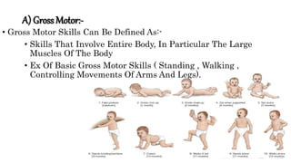 A) Gross Motor:-
• Gross Motor Skills Can Be Defined As:-
• Skills That Involve Entire Body, In Particular The Large
Muscles Of The Body
• Ex Of Basic Gross Motor Skills ( Standing , Walking ,
Controlling Movements Of Arms And Legs).
 