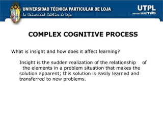COMPLEX COGNITIVE PROCESS What is insight and how does it affect learning? Insight is the sudden realization of the relationship  of  the elements in a problem situation that makes the solution apparent; this solution is easily learned and transferred to new problems. 