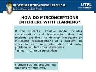 Problem Solving: creating new  solutions for problems. HOW DO MISCONCEPTIONS INTERFERE WITH LEARNING? If the students` intuitive model includes misconceptions and inaccuracies, then the students are likely to develop inadequate or misleading representations of a problem. In order to learn new information and solve problems, students must sometimes  “  unlearn” common sense ideas. 